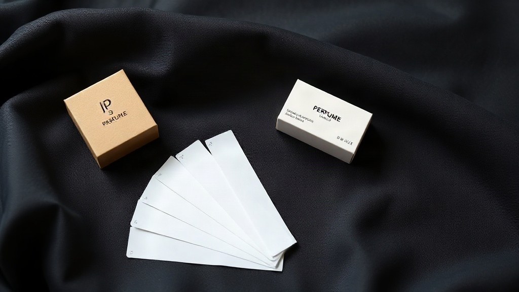 elegant flat lay of perfume blotter test strips fanned out on dark textured fabric next to a small minimalist cardboard 