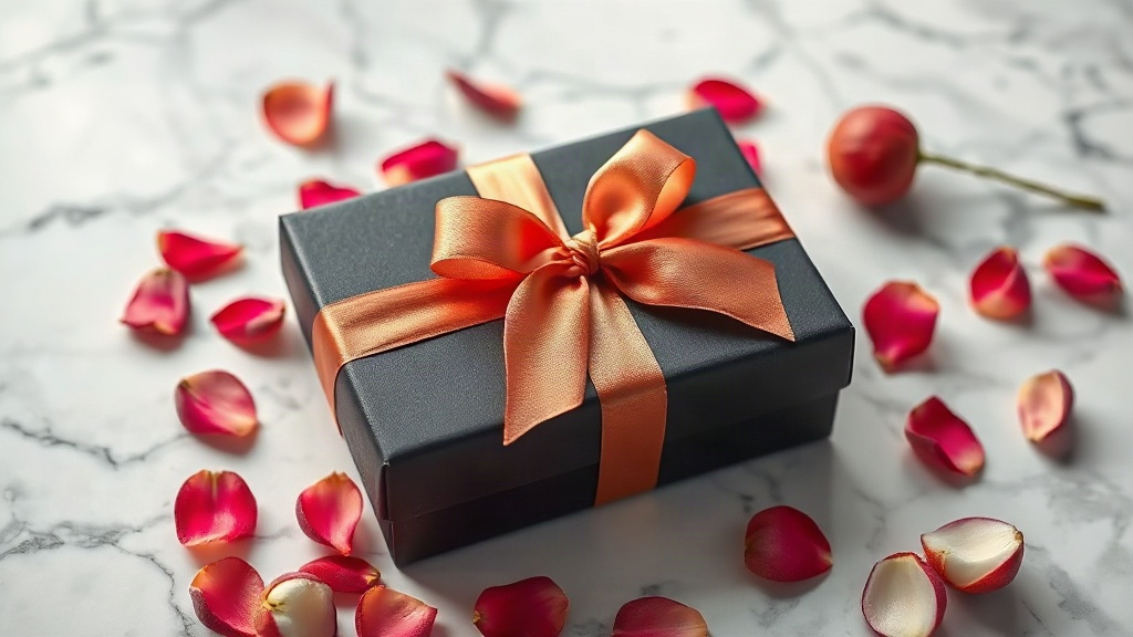 an elegant perfume gift box wrapped with a satin ribbon, placed on a marble surface surrounded by loose rose petals and 