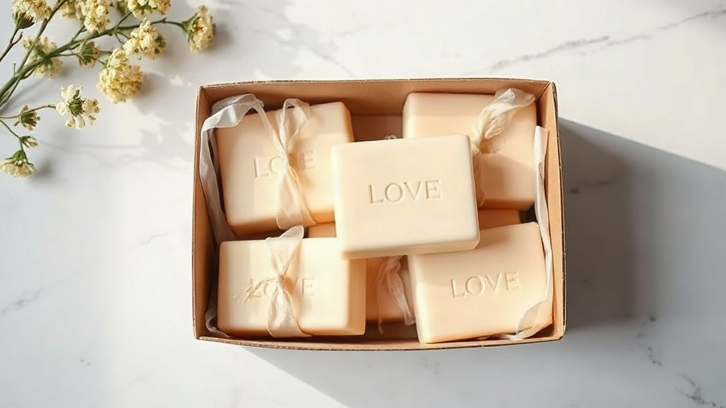 neatly stacked bars of luxury perfumed soap wrapped in elegant packaging, arranged in an open cardboard retail box on a 