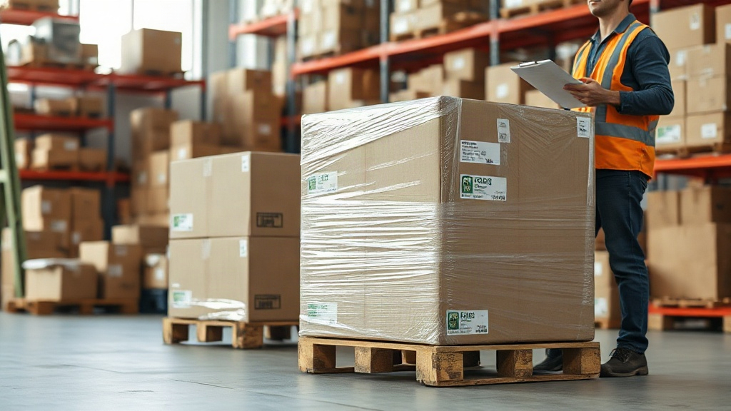 warehouse logistics scene with stacked cardboard cargo boxes on a wooden pallet, one pallet wrapped in clear stretch fil