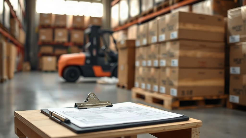 Export shipment of sealed perfume boxes stacked on wooden pallets inside a logistics warehouse, forklift in soft focus i