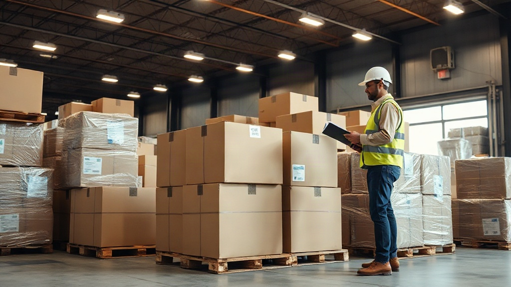warehouse interior with stacked cardboard shipping cartons on wooden pallets, a worker's hands checking a shipment
