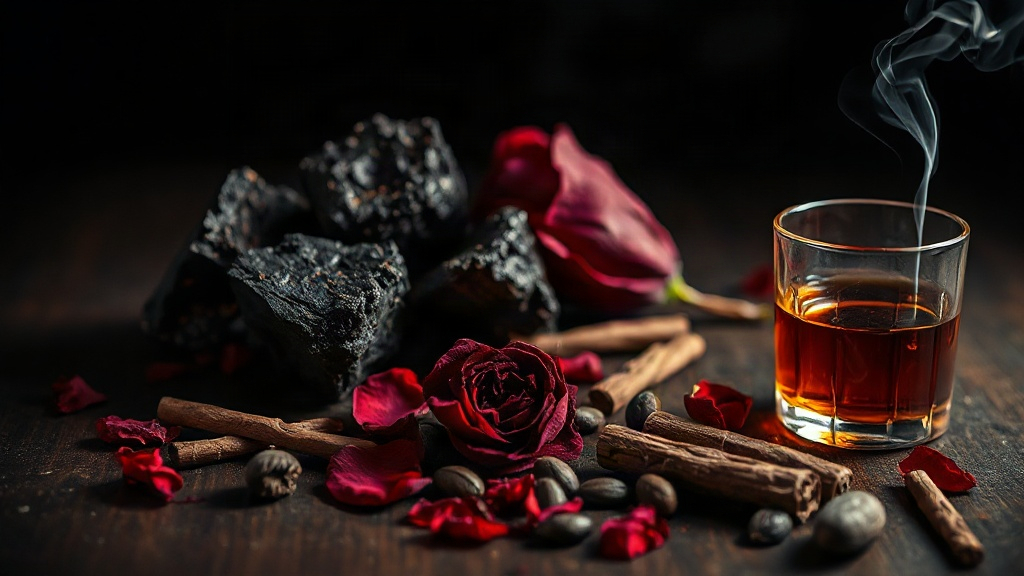 close-up still life of dark perfumery raw materials — chunks of agarwood oud resin, dried red rose petals, cracked cinna