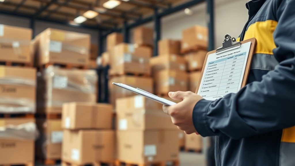 warehouse interior with stacked cardboard shipping boxes and wrapped pallets, a worker's hand holding a clipboard w