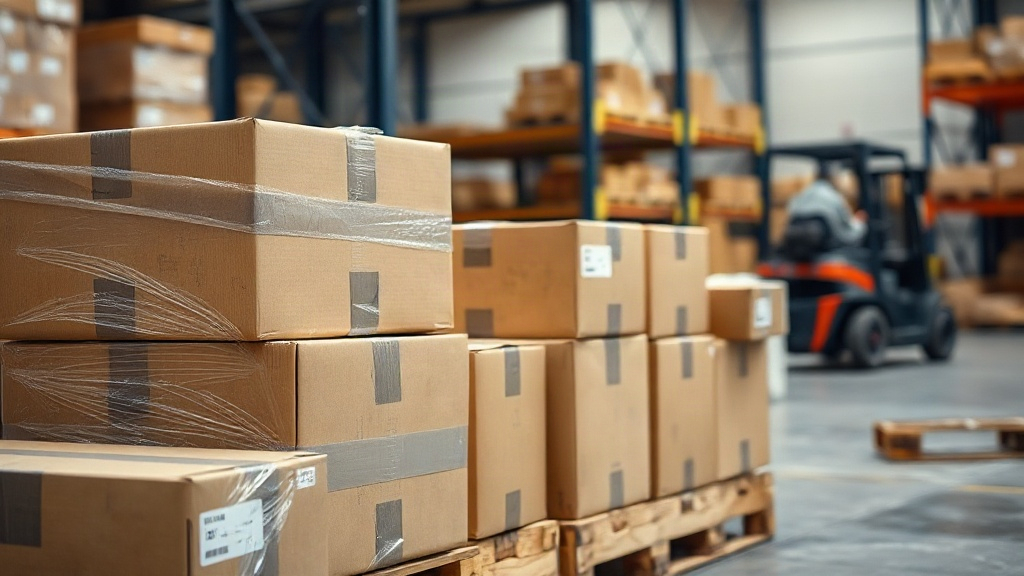 warehouse scene with sealed cardboard shipping boxes stacked on wooden pallets, shrink wrap visible, forklift in soft fo