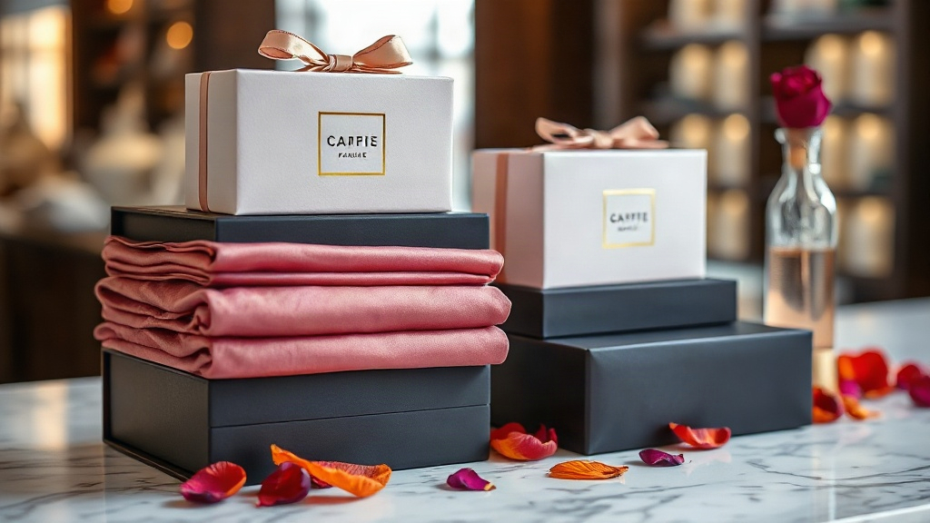closed elegant perfume gift boxes stacked with folded silk fabric swatches and dried flower petals on a marble showroom 