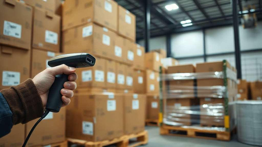 warehouse logistics scene with stacked cardboard shipping boxes and a wooden pallet wrapped in stretch film, a worker 