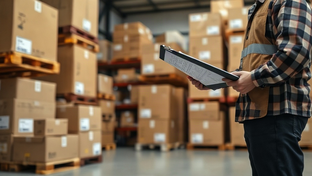 warehouse scene with stacked cardboard shipping boxes and wooden pallets, a worker's hand checking a packing list o