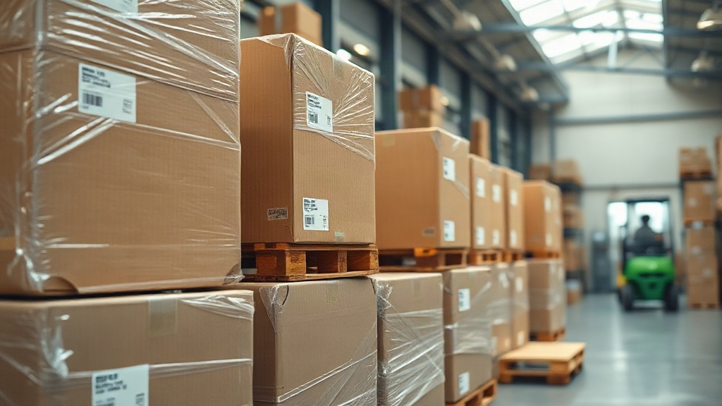 overhead view of sealed cardboard shipping cartons stacked on wooden pallets in a bright logistics warehouse, shrink-wra