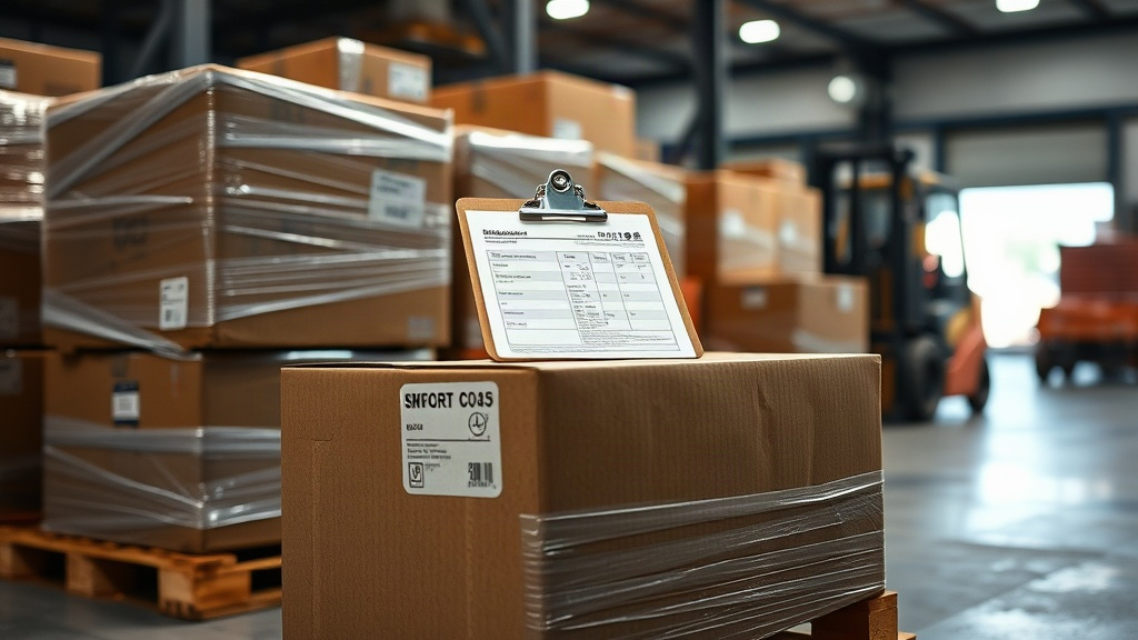 warehouse logistics scene for import goods — stacked cardboard shipping boxes wrapped in stretch film on wooden pallets,