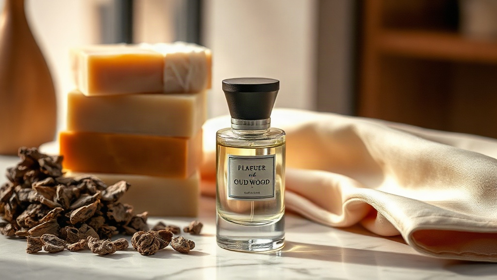 single elegant perfume bottle with dark wooden cap standing on a marble countertop next to neatly stacked soap bars, dri