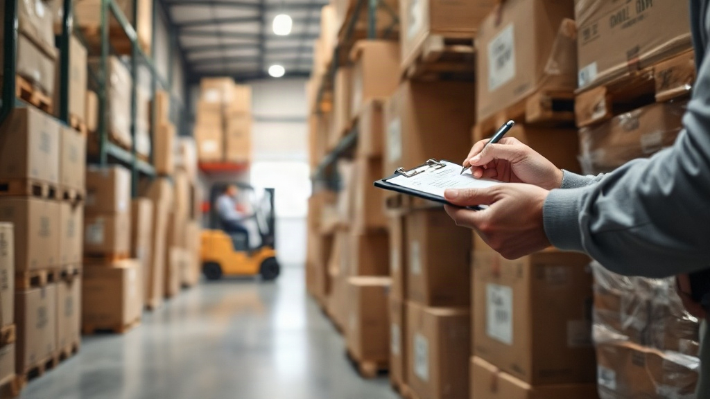 stacked cardboard shipping boxes and wooden pallets in a warehouse aisle, a forklift in the background, hands checking a