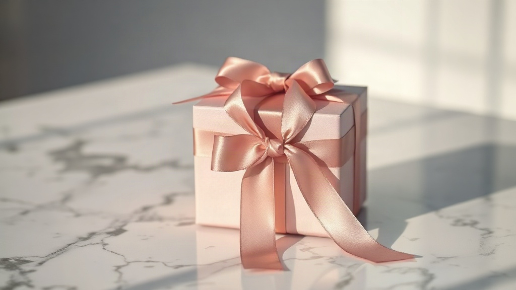 elegant perfume gift box wrapped with a satin ribbon on a polished marble desk, soft studio lighting, minimalist premium