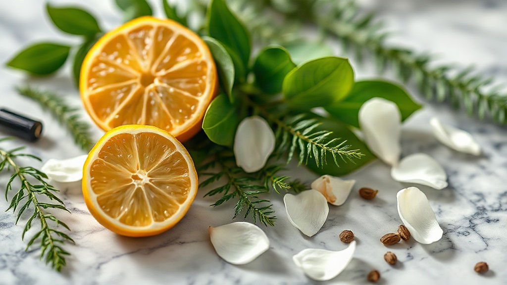 close-up still life of fresh bergamot citrus fruit, green fern leaves and jasmine petals arranged on a polished marble s