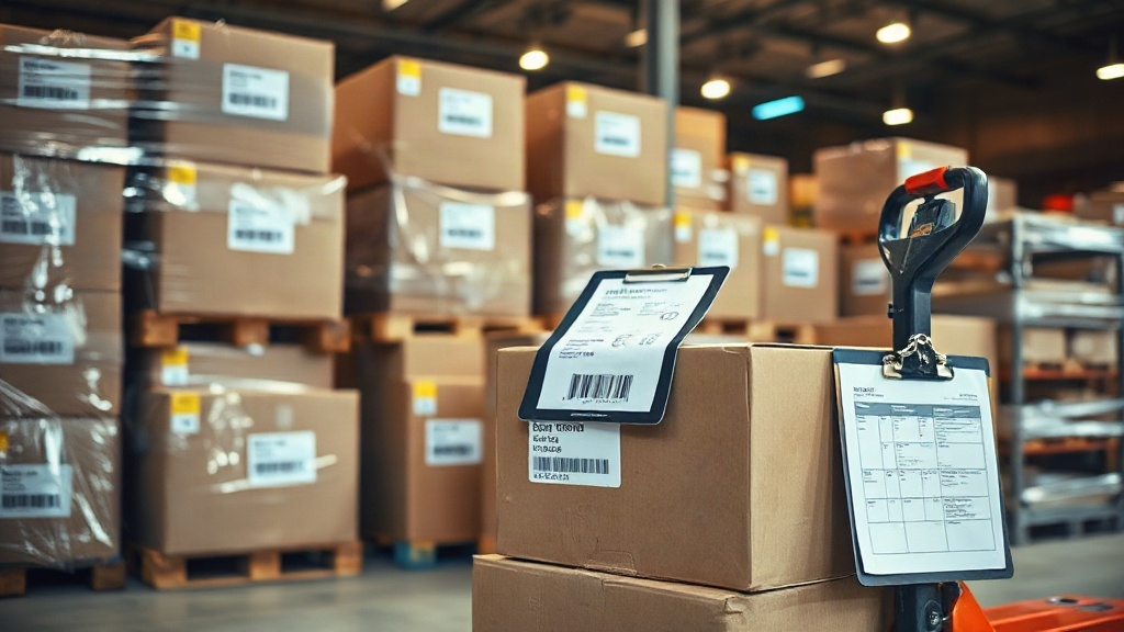 warehouse scene with stacked brown cardboard shipping boxes wrapped in stretch film on wooden pallets, barcode shipping 