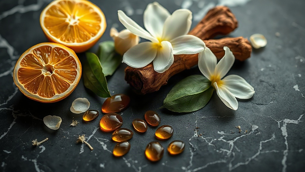 macro still life of raw perfumery ingredients on a dark marble surface, halved bergamot citrus fruits, fresh jasmine blo