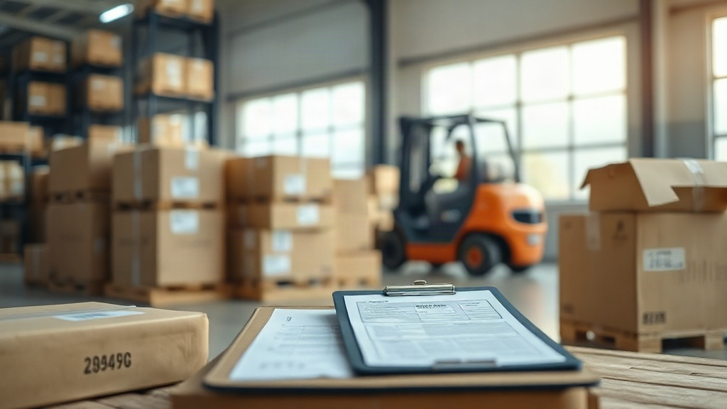export warehouse scene with stacked sealed cardboard boxes and wooden pallets, shipping labels and export documents on a