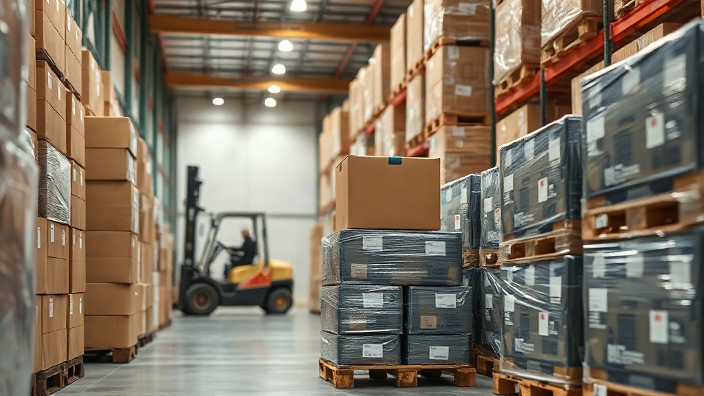stacked cardboard shipping boxes and wrapped pallets of cosmetic packaging in a warehouse aisle, forklift in soft backgr