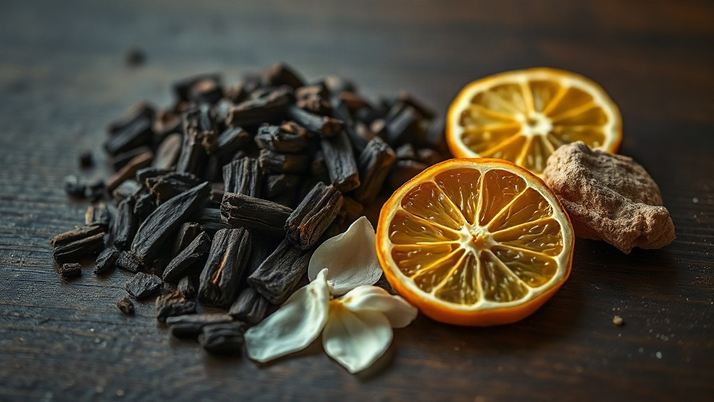 close-up still life of dark agarwood oud wood chips, bergamot citrus halves, fresh jasmine petals and a piece of sandalw