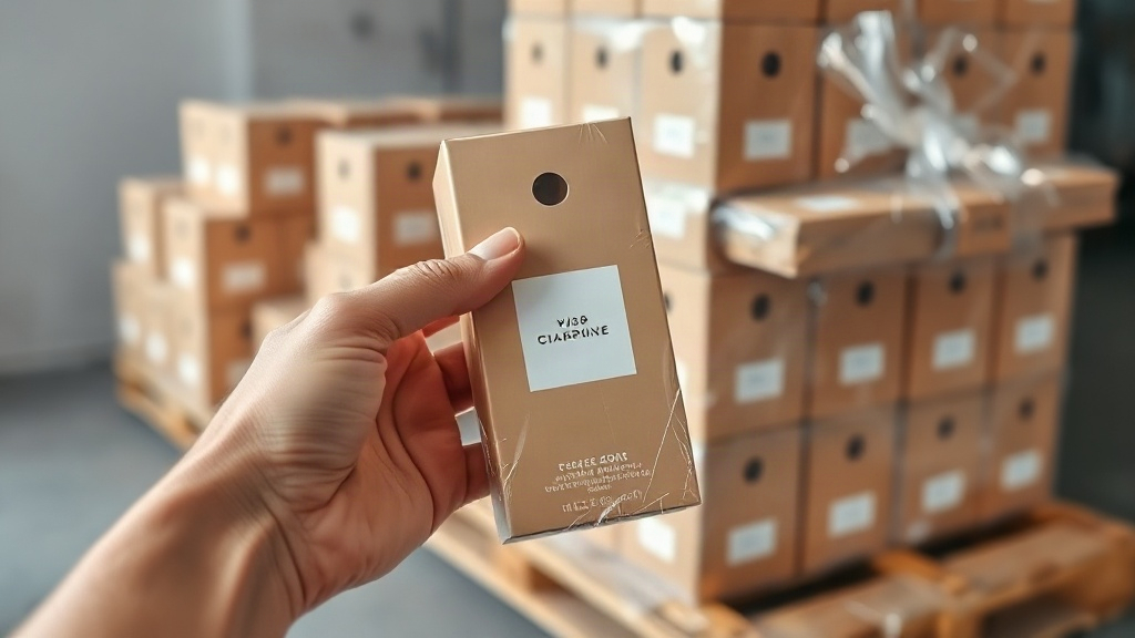 close-up of a hand holding a sealed perfume carton box wrapped in clear cellophane gelatin film, stack of identical seal
