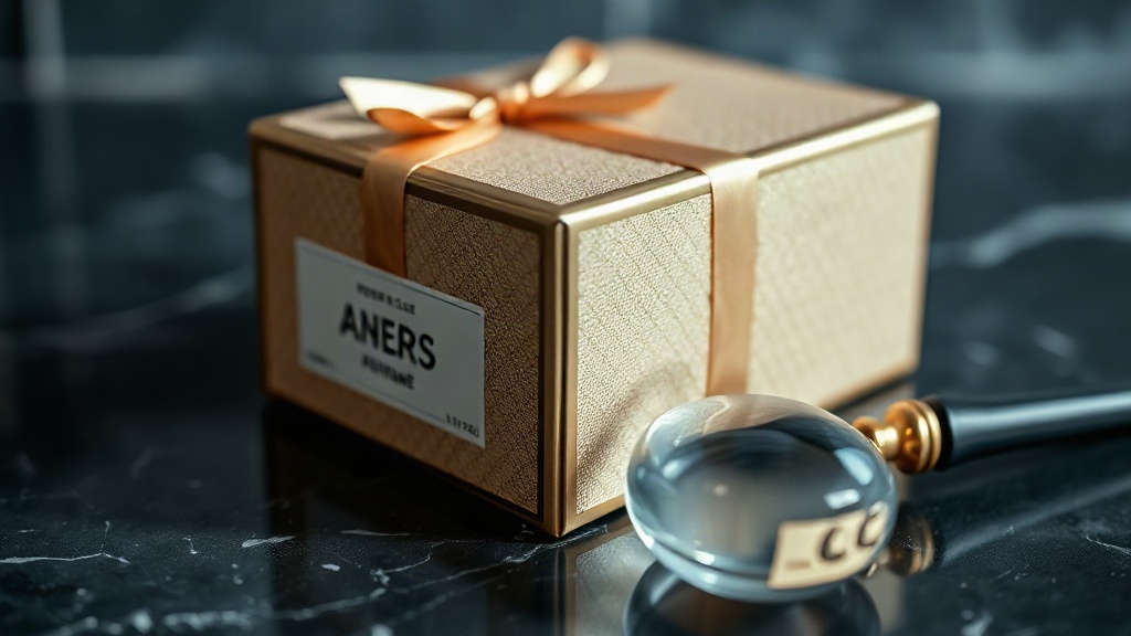 close-up of an elegant sealed perfume gift box with gold foil detailing and a visible batch code sticker resting on a da