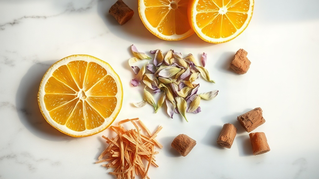 elegant flat-lay composition on a white marble surface featuring fresh bergamot citrus slices, loose iris flower petals,