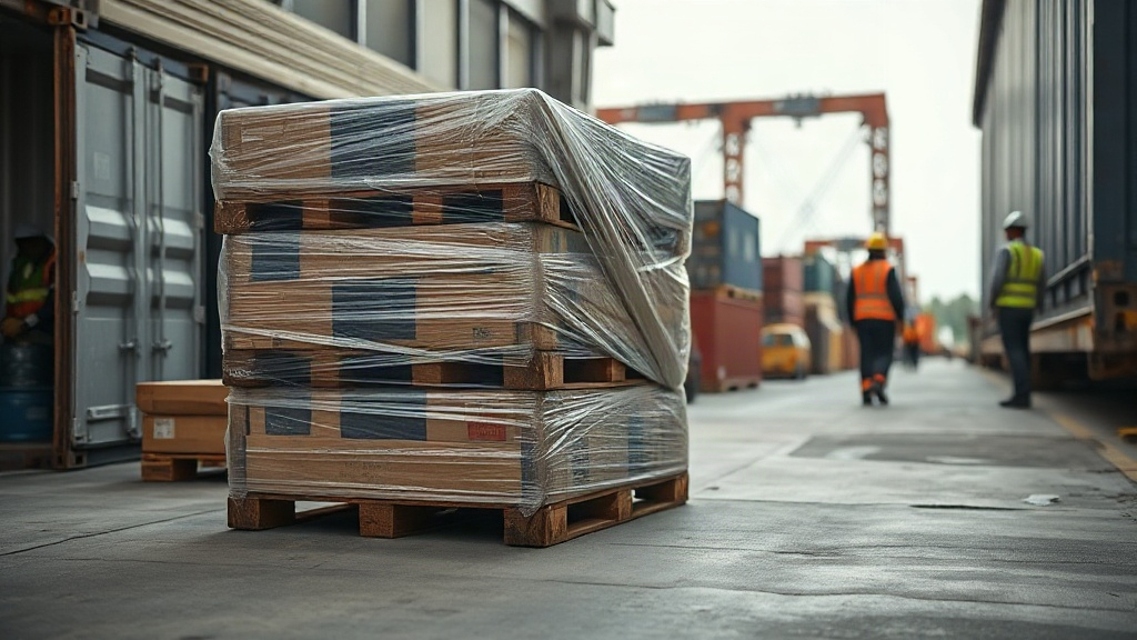 cargo pallets wrapped in stretch film loaded into a shipping container at a warehouse dock, workers in background, wide 