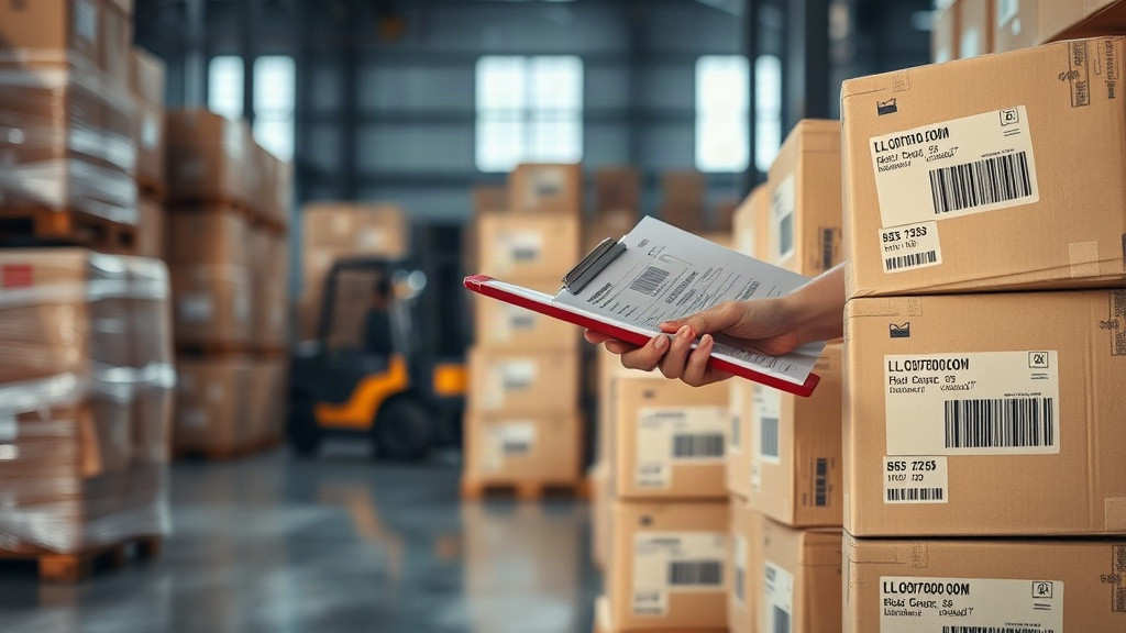 warehouse interior with wrapped wooden pallets stacked with cardboard shipping boxes, a worker hand checking a packing l