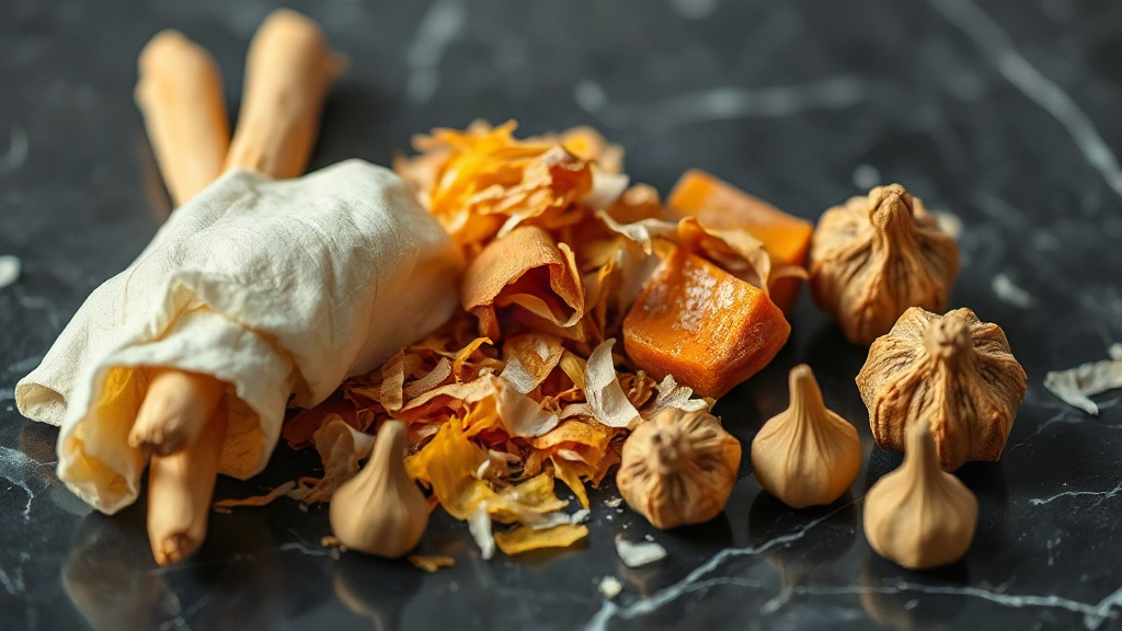 close-up macro photo of raw perfumery materials - iris root, cedar wood shavings, amber resin chunks and musk pods arran