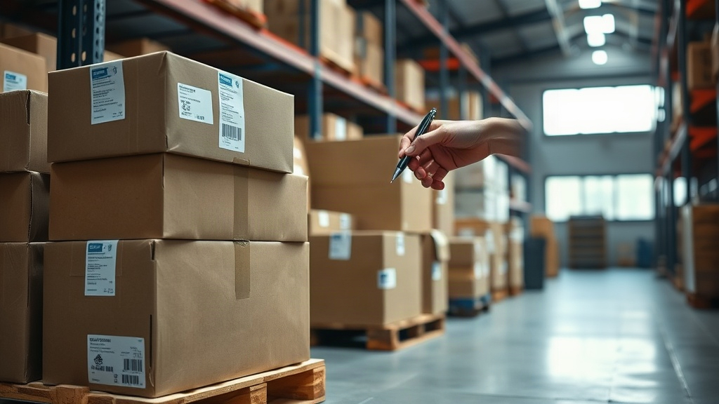warehouse logistics scene with stacked cardboard shipping cartons on wooden pallets, a worker's hand checking a pac