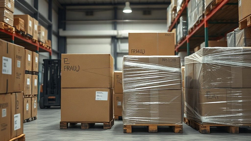 warehouse logistics scene for fragrance export, stacked cardboard shipping cartons and wooden pallets wrapped in protect
