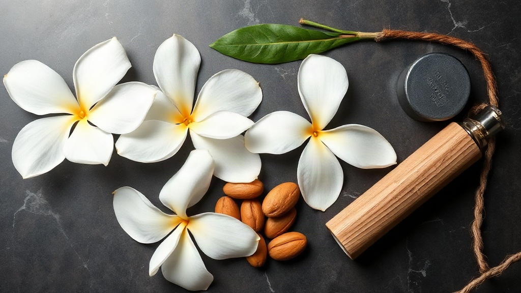 elegant flat lay of fresh jasmine flowers, tonka beans and a small oak barrel stave arranged on a dark marble surface, s
