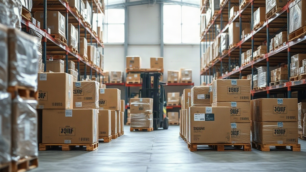 wholesale warehouse interior with wooden pallets stacked with sealed cardboard cargo boxes, forklift aisle, industrial s