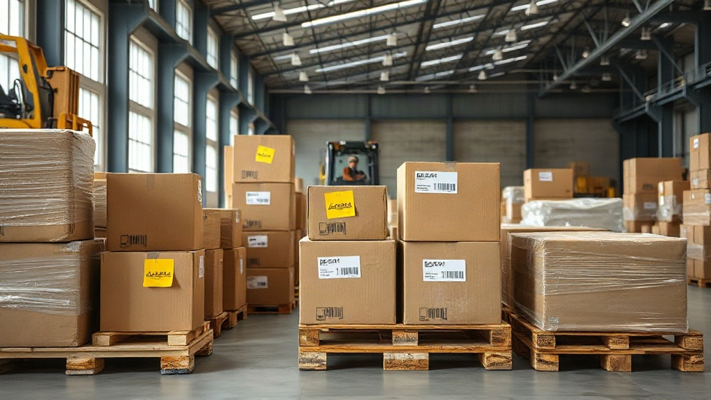 warehouse interior with stacked cardboard shipping boxes on wooden pallets, shrink wrap, shipping labels and a forklift