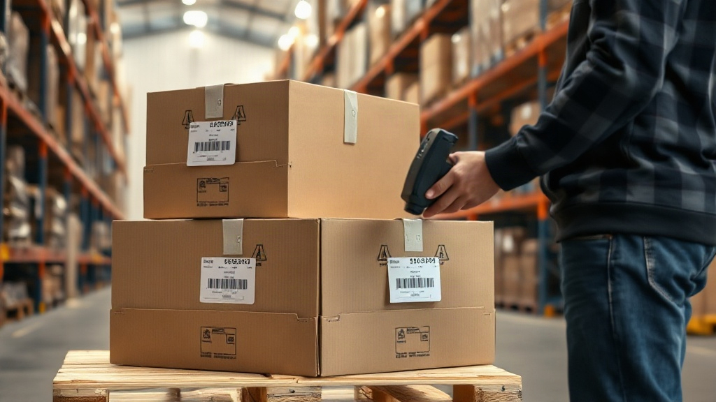 warehouse worker's hands checking a wooden pallet stacked with sealed cardboard shipping boxes using a barcode scan