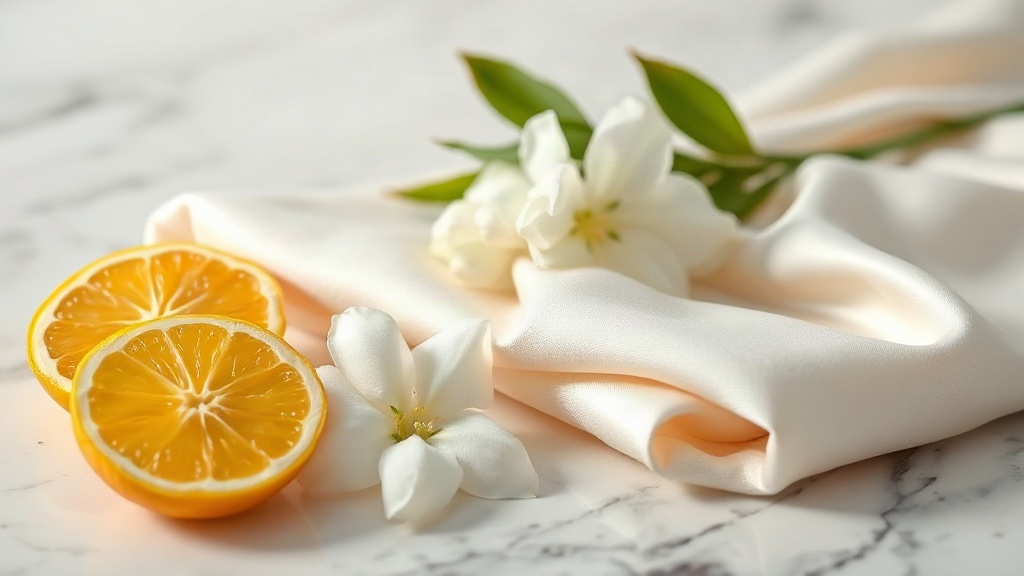 bergamot citrus fruit halves, white jasmine flowers, and a folded piece of soft ivory silk fabric arranged on a polished
