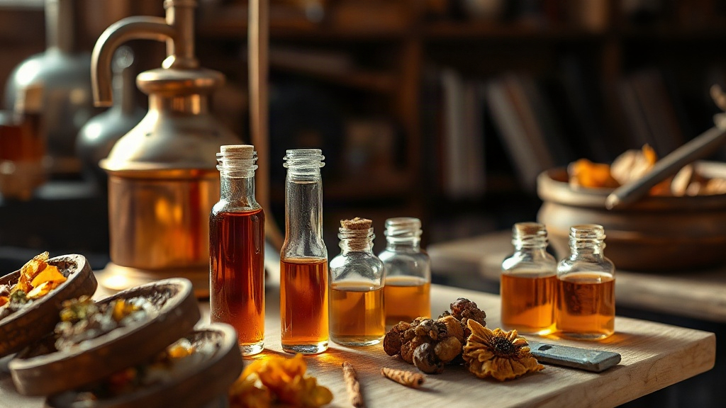 perfumer's workshop scene with a vintage copper distillation alembic, glass sample vials filled with amber-colored 