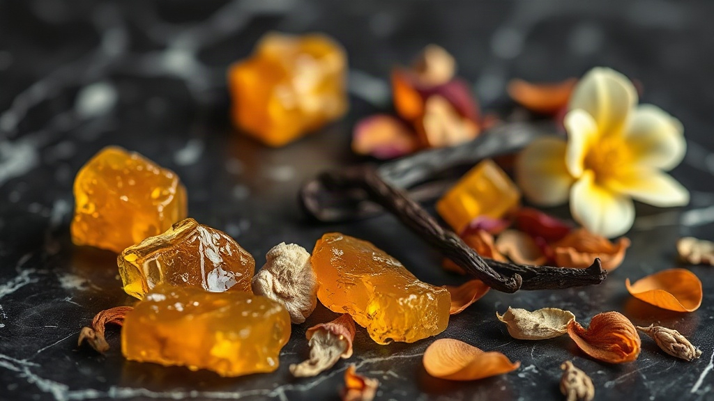 close-up macro photo of warm amber resin chunks, vanilla pods, and dried floral petals arranged on a dark marble surface