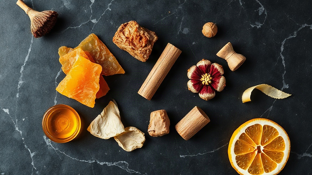 overhead flat-lay of raw perfumery ingredients styled as premium product photography — amber resin chunks, cedar wood pi