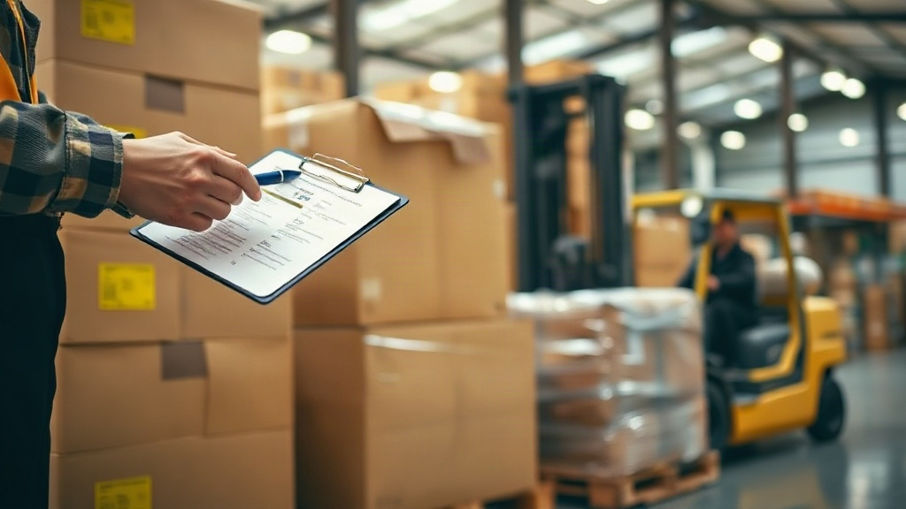 warehouse logistics scene with stacked cardboard shipping boxes and wrapped pallets of fragrance cartons, a worker'