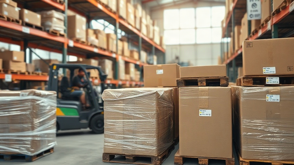 warehouse scene with wrapped wooden pallets and sealed cardboard shipping boxes stacked under industrial shelving, forkl