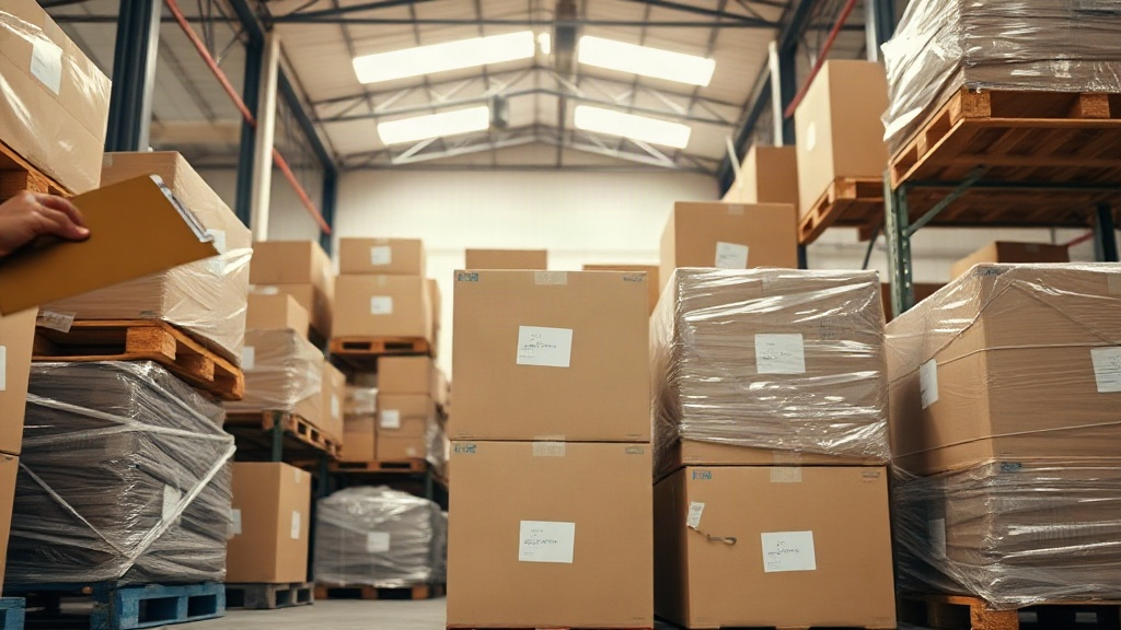 Warehouse interior with stacked cardboard shipping boxes and wrapped wooden pallets under bright industrial lighting, a