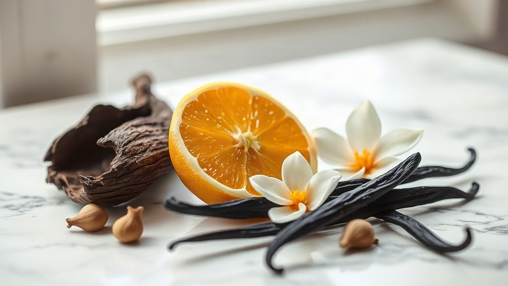 close-up editorial still life of perfume raw materials — fresh bergamot citrus halves, jasmine blossoms, a piece of dark