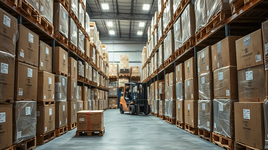 a warehouse aisle with stacked wooden pallets and sealed cardboard cargo boxes ready for export, forklift in the backgro