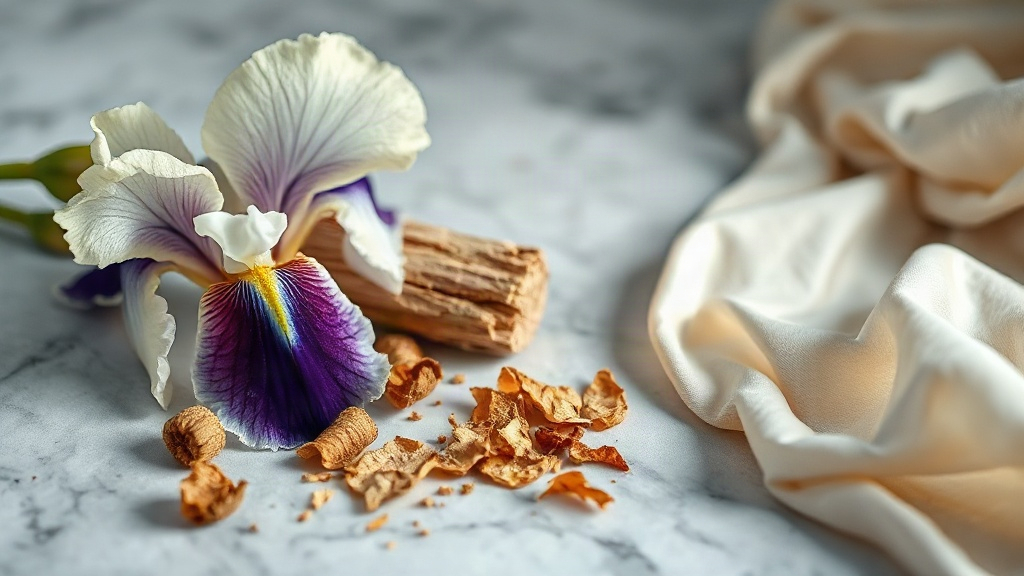 close-up still life of iris flowers, cedar wood shavings, and pale musk amber resin arranged on a cool grey marble surfa