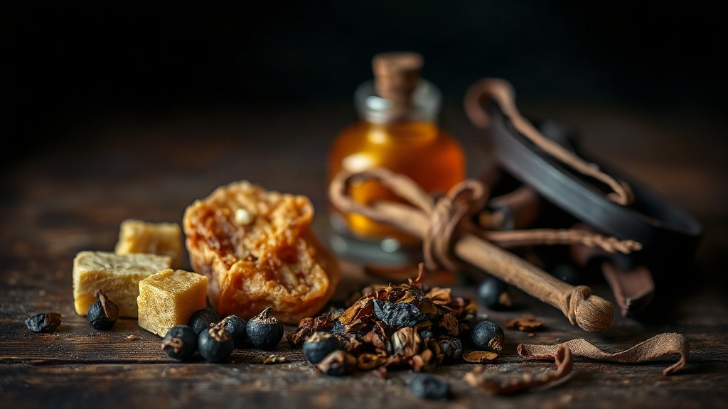 dark wooden table with raw perfumery ingredients, chunks of resin, dried patchouli leaves, black peppercorns, strips of 