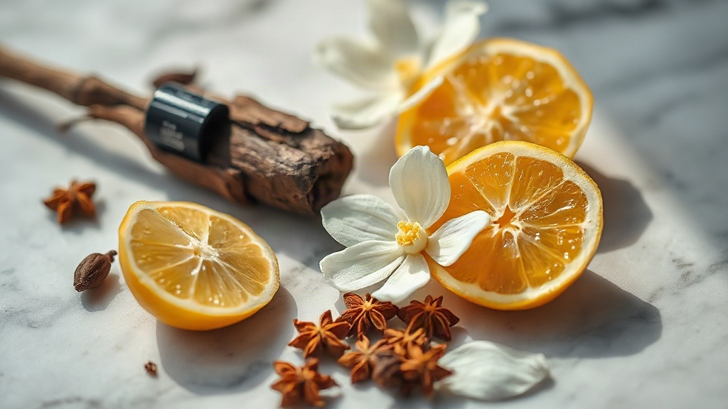 close-up macro photo of raw perfumery ingredients arranged on a marble surface — fresh bergamot halves, jasmine blossoms