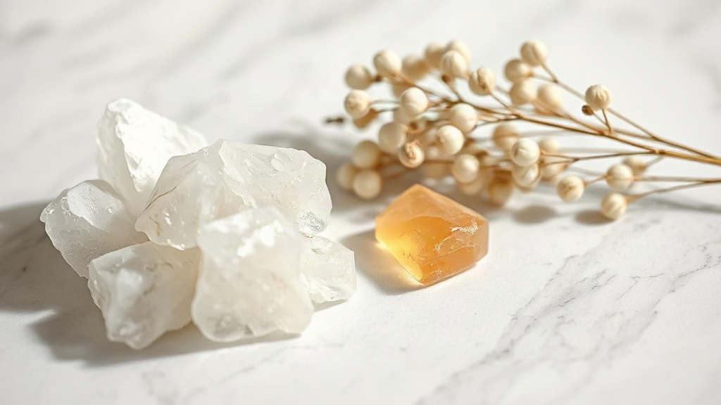 macro photograph of white musk crystals, dried white flowers and a small piece of raw ambergris resin arranged on a whit