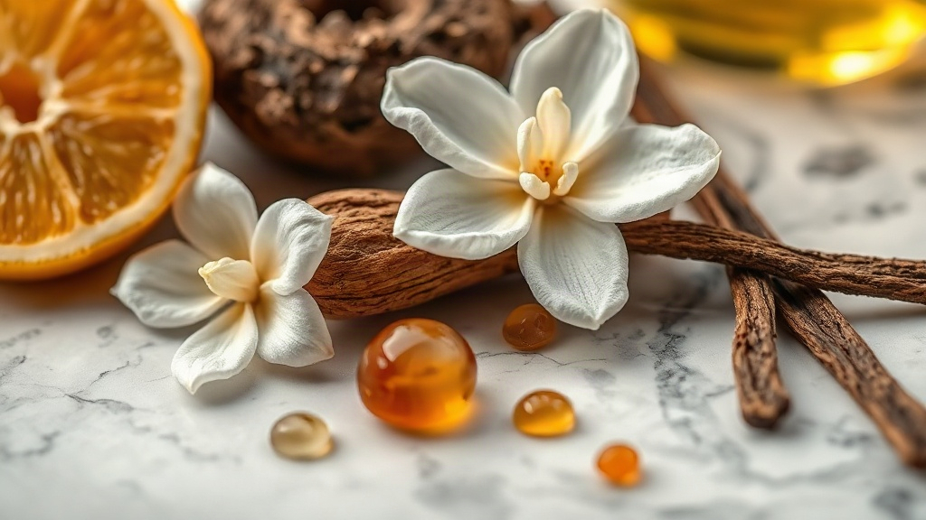 close-up of raw perfumery ingredients arranged on a marble surface — bergamot citrus fruit, fresh jasmine blossoms, a sm