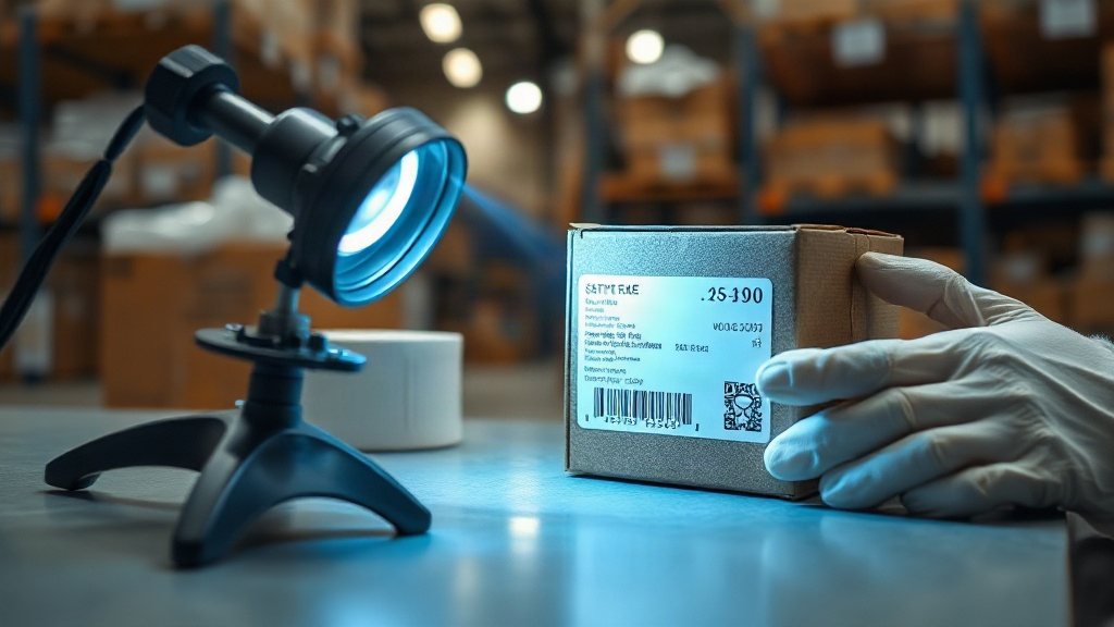 quality control scene on a warehouse counter with a jeweler's loupe, a UV flashlight illuminating a hologram securi
